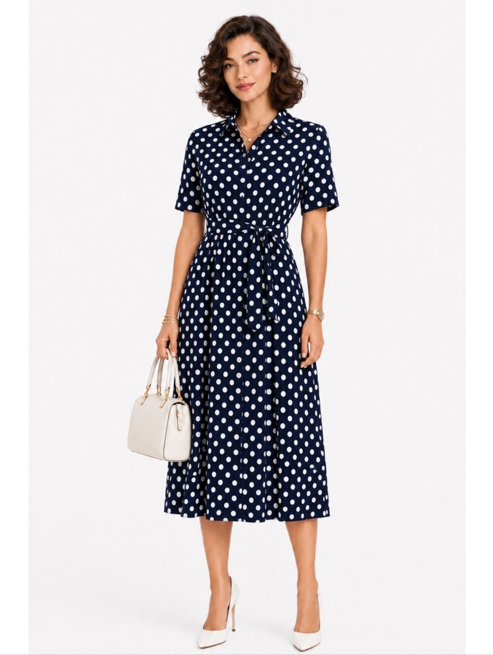 DKNY Navy Blue Ivory Polka Dot Belted Dress Size 6 NWT.